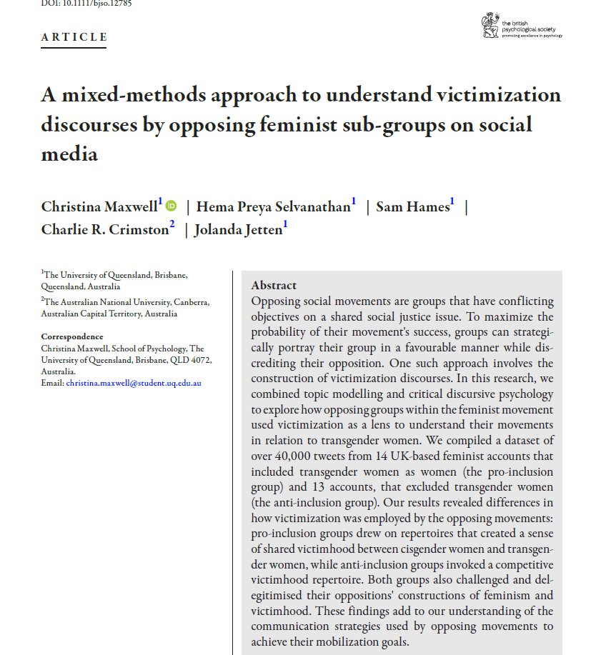 Christina Maxwell (she/her) (@christinammax) on Twitter photo In my first PhD paper, we explore the victimisation discourses of opposing feminist groups online when discussing trans women's inclusion. Read it open-access in the British Journal of Social Psychology here: doi.org/10.1111/bjso.1… <a href="/HemaPreya/">Dr Hema Preya Selvanathan</a> <a href="/jetten_j/">Jolanda</a> <a href="/drCharlie_C/">Charlie Crimston</a> In my first PhD paper, we explore the victimisation discourses of opposing feminist groups online when discussing trans women's inclusion. Read it open-access in the British Journal of Social Psychology here: doi.org/10.1111/bjso.1… <a href="/HemaPreya/">Dr Hema Preya Selvanathan</a> <a href="/jetten_j/">Jolanda</a> <a href="/drCharlie_C/">Charlie Crimston</a>