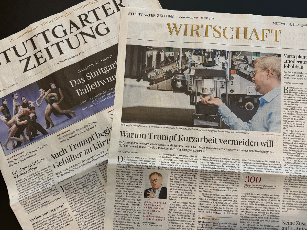 Höhen und Tiefen der Weltkonjunktur - oder: Wie
<a href="/TRUMPF_News/">TRUMPF</a> entgegensteuert angesichts eines um 10 Prozent gefallen Auftragseingangs. Unser Personalvorstand Oliver Maassen nimmt dazu heute gegenüber <a href="/ThiasSchmidt/">Matthias Schmidt</a> <a href="/StZ_NEWS/">Stuttgarter Zeitung</a>
detailliert Stellung