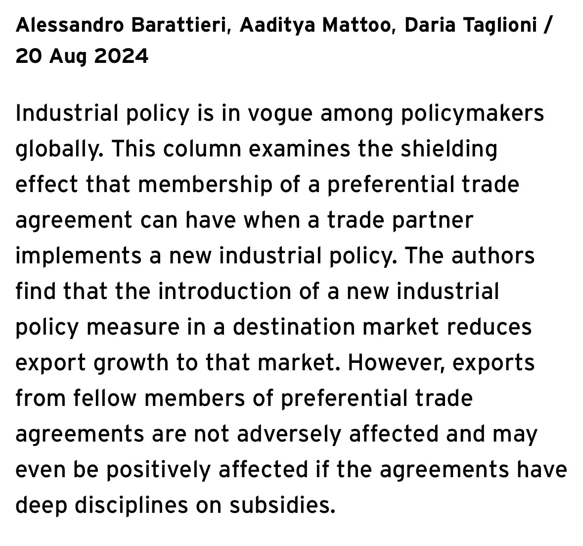 How can small nations protect themselves from big-economy industrial policy?
👉Join a preferential trade agreement with them! New evidence <a href="/voxeu/">VoxEU</a> 
🔗 cepr.org/voxeu/columns/…
Cc: <a href="/cepr_org/">CEPR</a> @DariaTaglioni <a href="/wb_research/">World Bank Research</a> <a href="/TradeExperettes/">TradeExperettes</a> <a href="/TradeDiversion/">Trade Diversion (Jonathan Dingel)</a> @alanbeattie <a href="/SimonEvenett/">Simon J. Evenett</a>