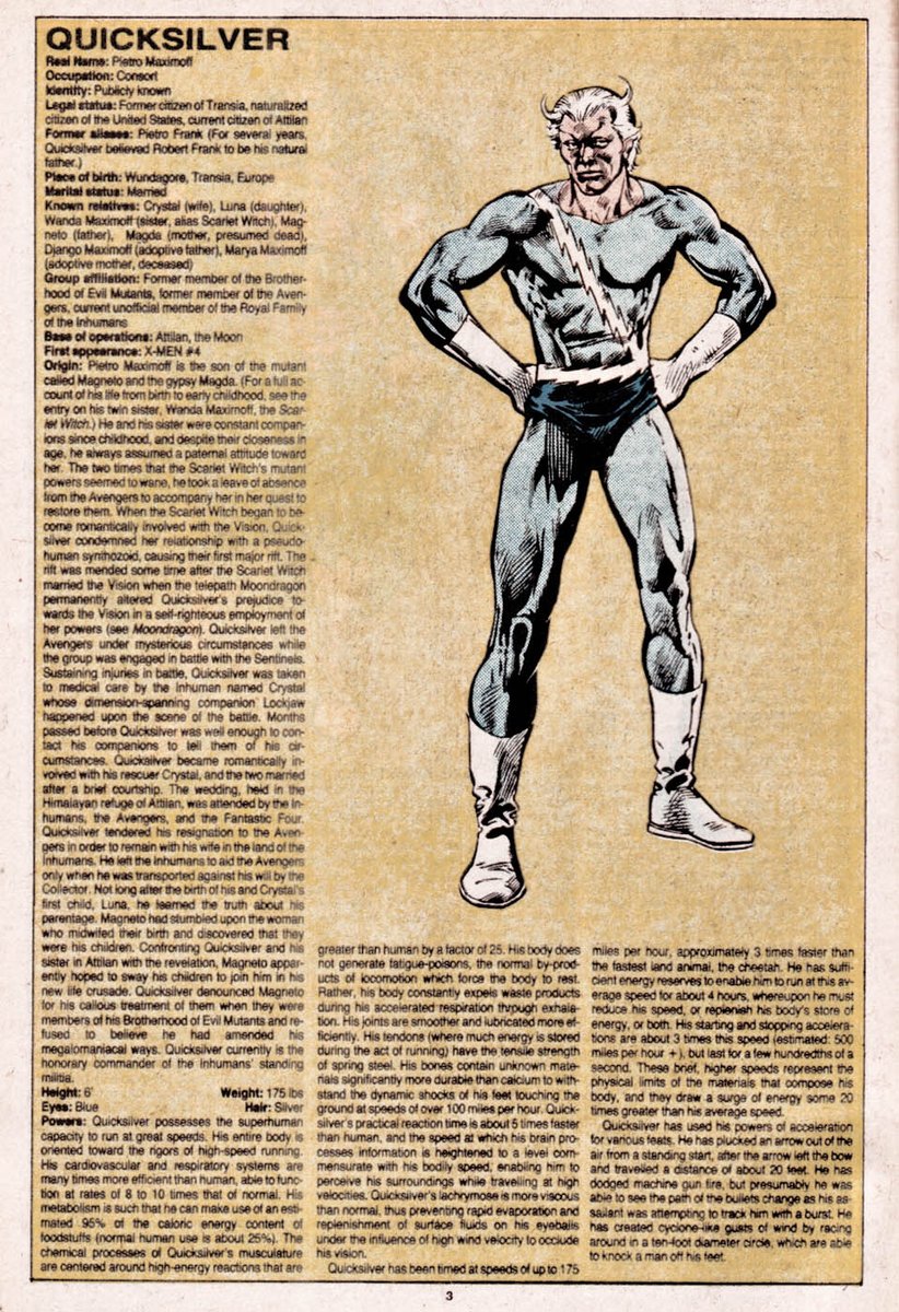 ComicsRockMetal's tweet photo. Quicksilver AKA Pietro Maximoff (I hear his dad has a magnetic personality) - Art by Alan Weiss in The Official Handbook of the Marvel Universe Issue 9 - Quasar to She-Hulk - Release Date: June 14, 1983 - Cover Date: September 1983
#Quicksilver #AlanWeiss https://t.co/CoQNfNiben