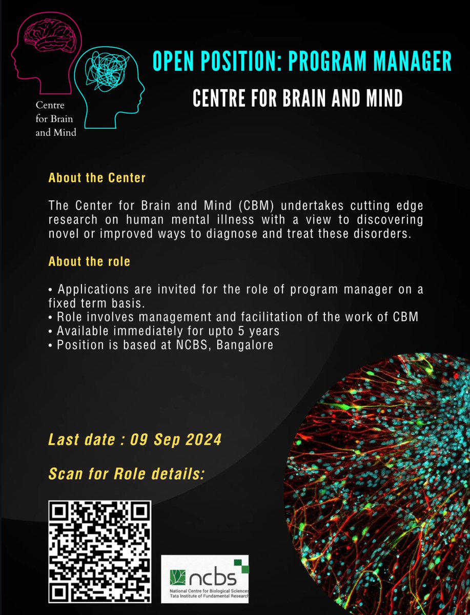 #Hiring
Rohini Nilekani Centre for Brain and Mind - NCBS  is inviting applications for the position of Program Manager. 

Deadline: 9 September 2024

More details here: ncbs.res.in/jobportal/onli…

@RNPCBM