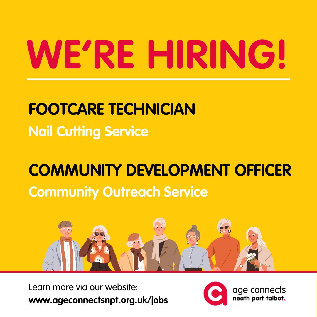 ✨ JOB VACANCIES ✨
Join our team - we are currently hiring for the following roles:

🦶Nailcare Technician

🫶 Community Development Officer

Read more about these exciting opportunities here: ageconnectsnpt.org.uk/jobs