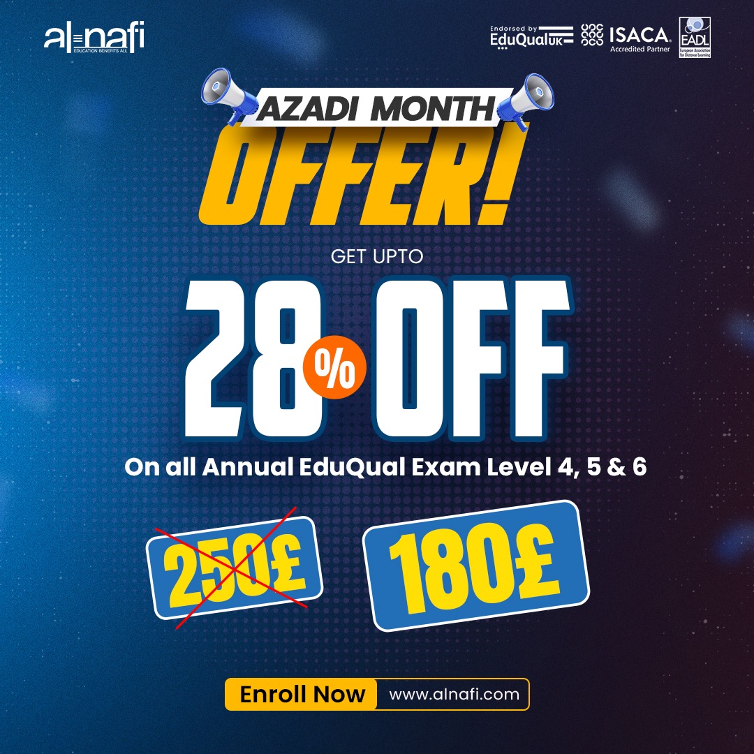 AlNafi99's tweet image. 🎉 Celebrate freedom with knowledge!

This Azadi Month, grab up to 28% OFF on all annual EduQual Exam Levels 4, 5, &amp;amp; 6. 🚀 Elevate your skills without breaking the bank!

Enroll today alnafi.com and unlock new opportunities. 📚💡

#AlNafi #EduQual #AzadiOffer