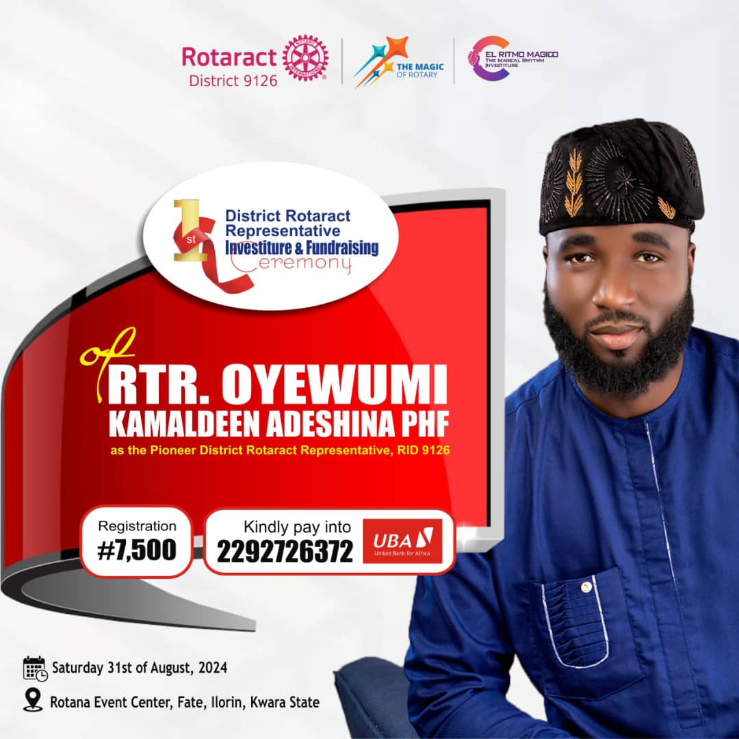 Rotaract9126NG's tweet image. 📣 ```Have you Heard? ``` 📣

 The Official Investiture of
RTR OYEWUMI KAMALDEEN ADESHINA PHF
as Pioneer District Rotaract Representative, District 9126

💃🏽🕺🏾Is a One Week Fully Packed Event 🤽🏽‍♀️🧗🏼‍♂️

Ee shock you???  😉
It&apos;s the MAGIC 🪄
