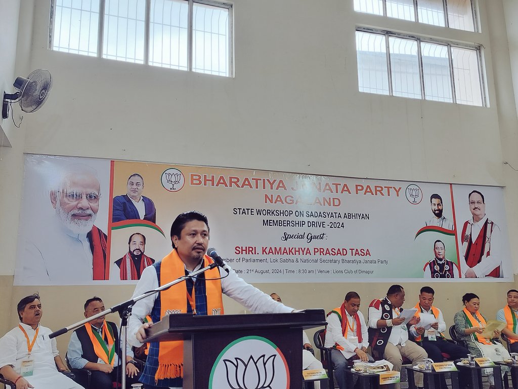jacob_zhimomi's tweet photo. Addressed the @BJP4Nagaland Workshop on Sadasyata Abhiyan Membership Drive 2024 held at Dimapur today. My gratitude to the Hon'ble MP (LS) Shri @KamakhyaTasa Ji on dwelling into the details and also for sharing @BJP4Assam's success story which can be replicated in Nagaland. 
It goes without saying that as the world's largest political organization, @BJP4India is fuelled by its karyakartas. The visionary and dynamic leadership of Hon'ble PM Shri @narendramodi Ji has also played a most significant role in attracting people from across the country to the BJP, the party with a difference. Under the leadership of State President Shri @YepthomiBen, the state unit is being revitalized and reinvigorated with another massive membership drive being planned. I wish each and every karyakarta the very best. I am optimistic that your endeavours will be a roaring success!
@AmitShah @JPNadda @blsanthosh