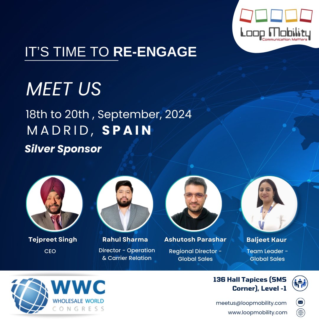 We are excited to announce that Loop Mobility will be attending the Wholesale World Congress 2024 in Madrid, Spain, from September 18-20! 

To schedule a meeting with our team, please reach out to us at meetus@loopmobility.com.

#WholesaleWorldCongress #LoopMobility