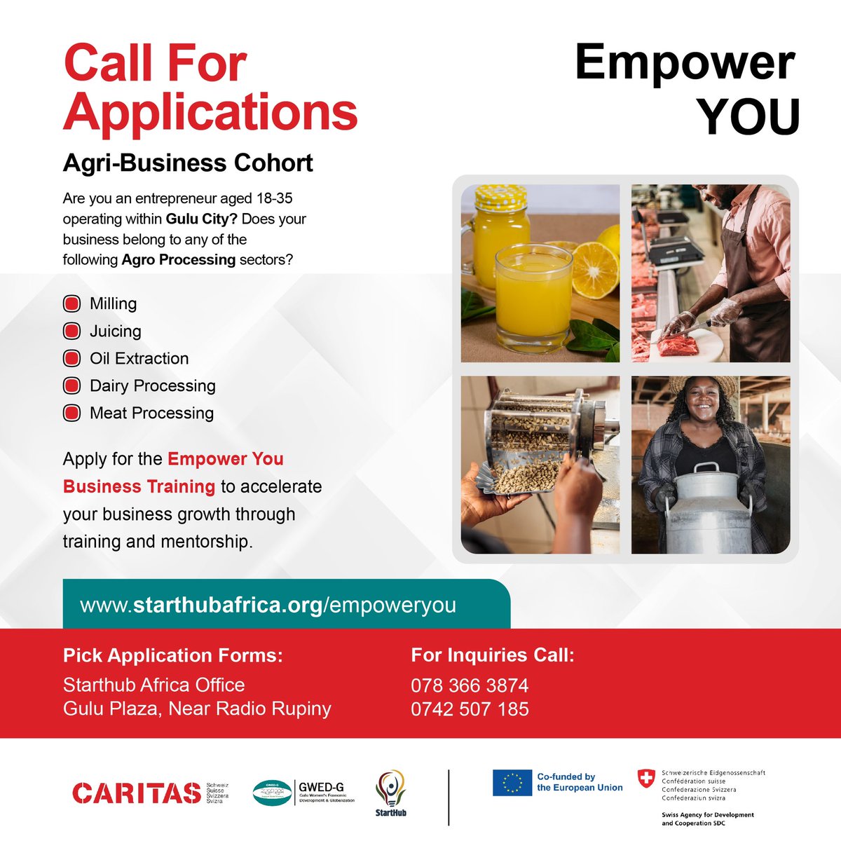 StartHubAfrica's tweet photo. Calling young entrepreneurs in #Gulu and #Lira City (ages 18-35)!
Do you have a business in the food or agro-processing sector?
Join our #EmpowerYOU Agri-Business Cohort for expert training and mentorship to boost your growth.
➡️Apply now: https://t.co/Bqe3CYNlro https://t.co/55vfa4rrLe