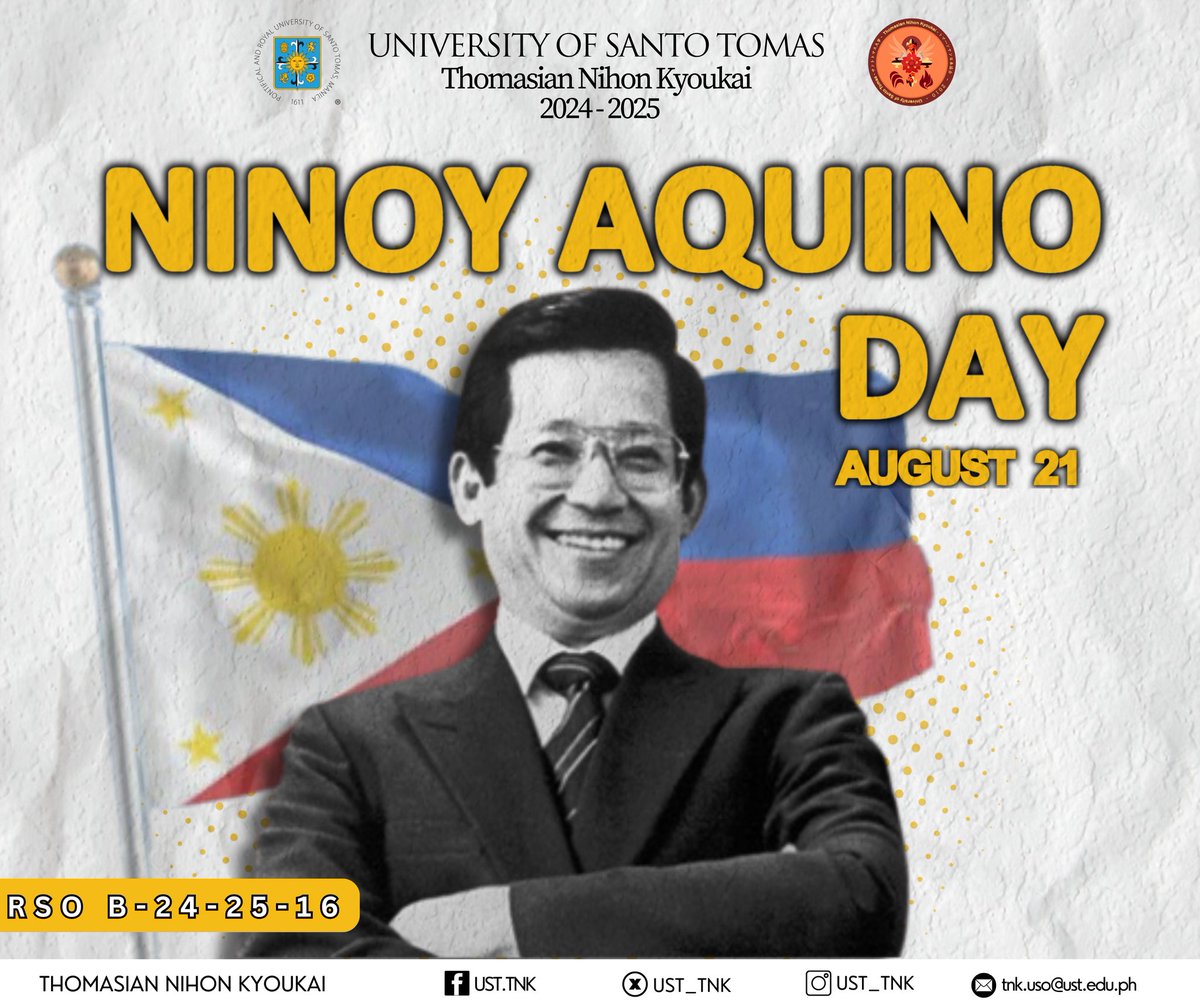 皆さん、この日を思い出して一緒に祝いましょう!

Join the UST Thomasian Nihon Kyoukai  in remembering the former Senator Benigno Simeon "Ninoy" Aquino, Jr,. as we mark the 41st anniversary of Ninoy Aquino Day!

✒️ : Marco Paolo Raper
🖌️ : Lanze Ibañez