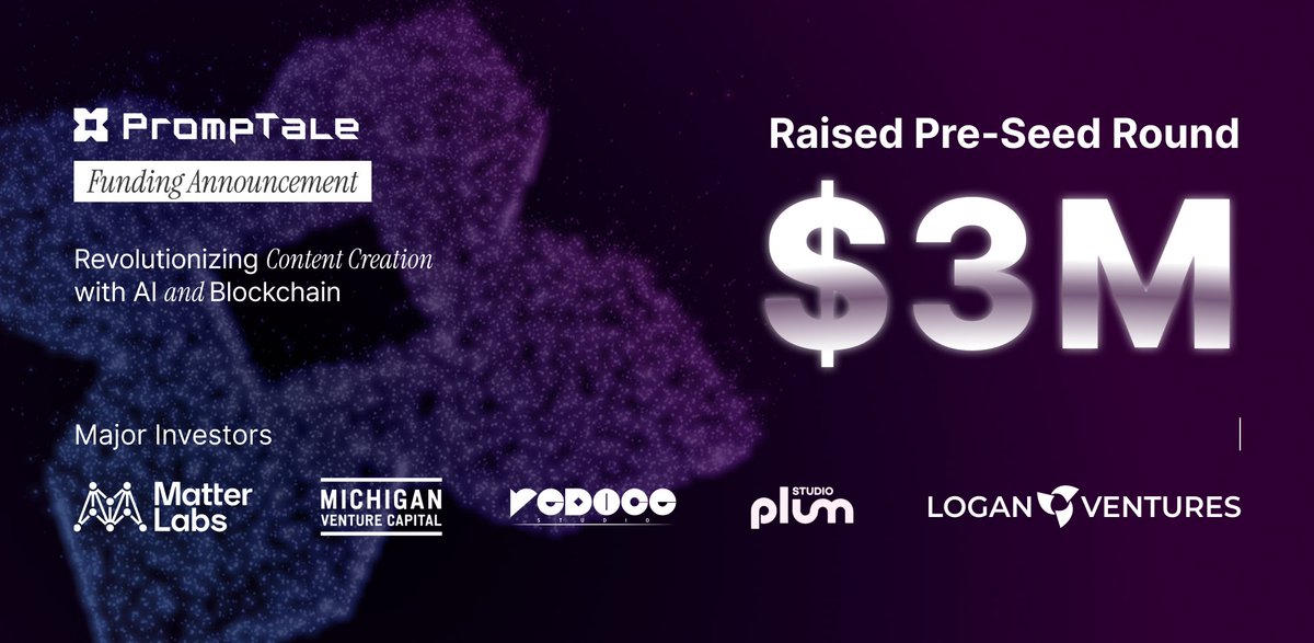 PrompTale's tweet photo. PrompTale Successfully Raised 3M USD for the Pre-Seed Round.

We are thrilled to announce that PrompTale has successfully closed its Pre-Seed Round, raising $3M.

Esteemed investors, including @the_matter_labs, @REDICE_STUDIO, MICHIGAN Venture Capital, LOGAN Ventures, Studio Plum, and others, participated in this round.

This milestone marks a significant step towards revolutionizing content creation through #AI and #blockchain.