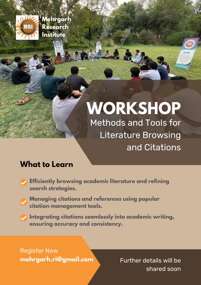 MehrgarhRI's tweet photo. WORKSHOP
Methods and Tools for Literature Browsing and Citations
under the project of MRI Research Discussion
Eligible: Undergrade & graduate students, early-career Researchers, and Academic Professionals
Note: Further details will be shared soon.
#MRI_AcceleratingInnovations https://t.co/mgTL2RdxDv