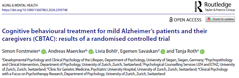 SimonForstmeier's tweet photo. Hot off the press: Cognitive behavioural treatment for mild #Alzheimers patients and their #caregivers  (CBTAC) is effective in reducing #depression, apathy, relationship quality, and quality of life in people with #dementia @UniSiegen @UZH_ch @tandfonline https://t.co/HFMF6LdCTz https://t.co/nM1lIo5IUJ