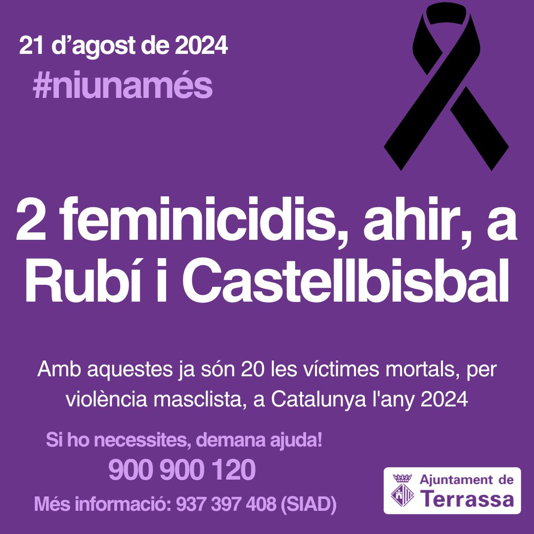 De nou, hem de lamentar la notícia de 2 feminicidis, ahir, a Rubí i Castellbisbal.

Ja són 20 les víctimes mortals per violència masclista a Catalunya al 2024.

Condemnem aquest acte i traslladem el nostre condol a familiars i amistats de les persones que han perdut la vida.