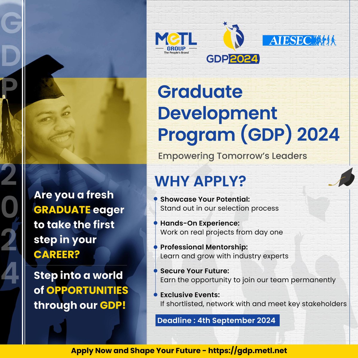 MeTL_Group's tweet photo. We’re thrilled to partner with @AIESECTanzania for the second year running, bringing to your our Graduate Development Program, 2024!
This is your moment to shine—if you're eager to dive into hands-on projects, learn from the best in the industry, and carve out your place in a leading organization, this is the opportunity you've been waiting for.
Submit an outstanding application, show us what sets you apart, and you could be shortlisted to join the next wave of future leaders!
Don't chase your dreams, catch them with @metlgroup
Apply here by 4th September, 2024: https://t.co/DIf1l5kiiY