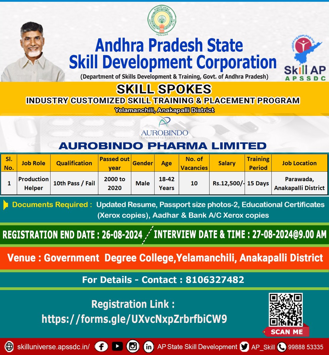 AP_Skill's tweet photo. #APSSDC Collaborated with #Aurobindo Pharma Limited - #ANAKAPALLI district, to conduct SKILL SPOKES /#icstp-Recruitment.
Registrations are Opened
For more details on eligibility visit https://t.co/DLXZfR0P9s
Contact: For any details : 8106327482,
Apssdc helpline : 99888 53335 https://t.co/Tyquj8aLb1
