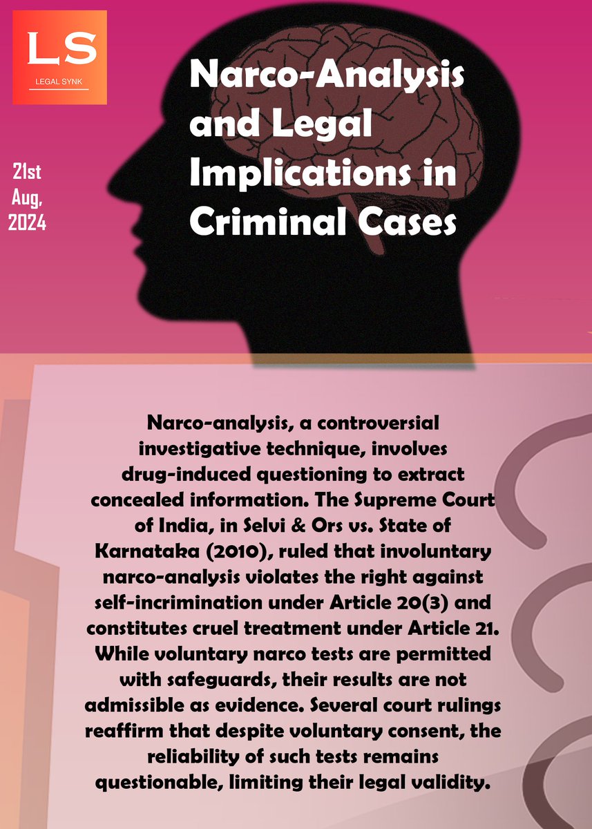 LegalSynk's tweet photo. Narco-Analysis Test and its Legal Implications.
#NarcoAnalysis #CriminalJustice #LegalRights #Article20 #SelfIncrimination #SupremeCourtRuling #ForensicScience #HumanRights #LegalEthics #IndianLaw #RightToPrivacy #CriminalInvestigation #SelviCase https://t.co/GqAIvo4y1W