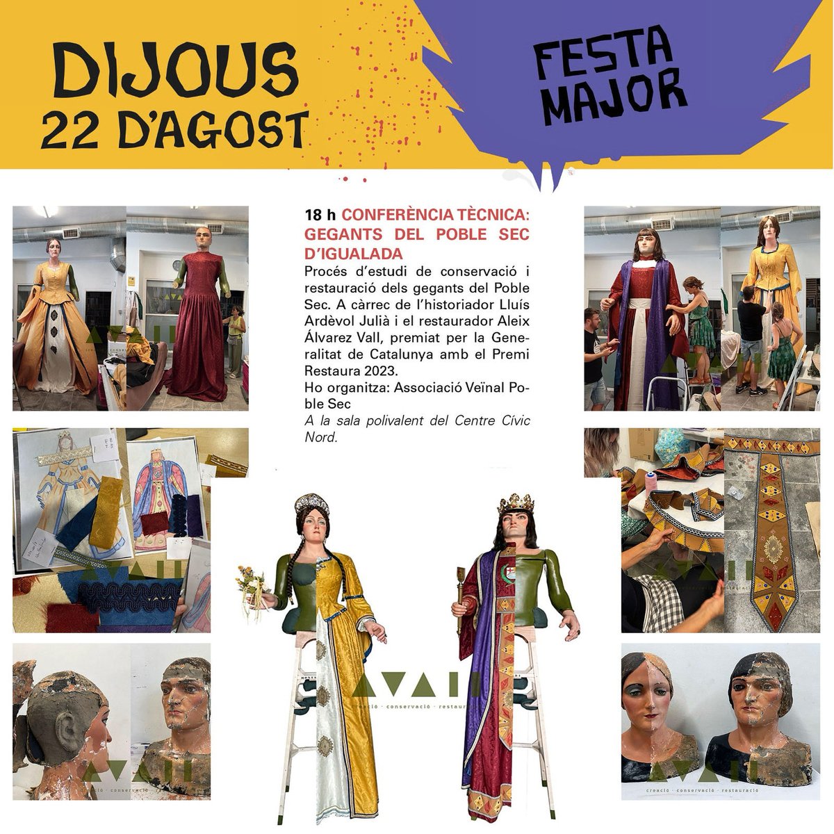 poblesecigd's tweet photo. GEGANTS DEL POBLE SEC D’IGUALADA
Conferència del procés d’estudi de conservació i restauració dels nostres gegants. 
A càrrec de l’historiador Lluís Ardèvol Julià i el restaurador Aleix Álvarez Vall
📍Aquesta tindrà lloc sala polivalent del Centre Cívic Nord.
#poblesecigualada https://t.co/U8ElDouAZY