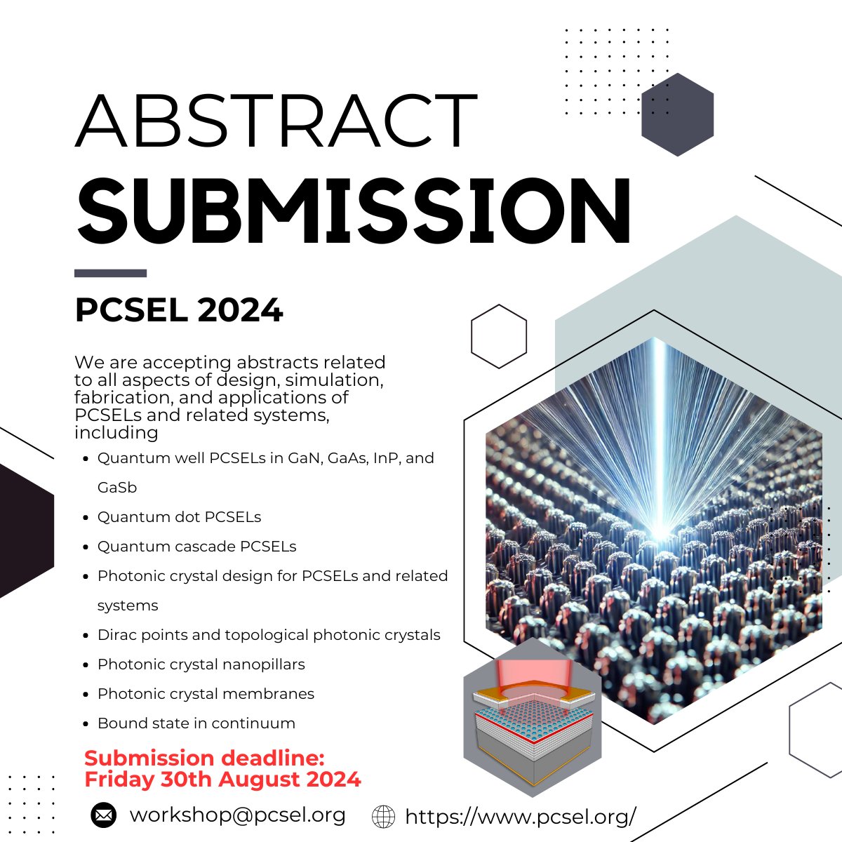 There is now just over one week left to submit your abstract for #PCSEL2024. If you're working on PCSELs or similar photonic crystal-based light technologies then this Workshop is the ideal place for you to showcase your work!

Full details at the website: pcsel.org