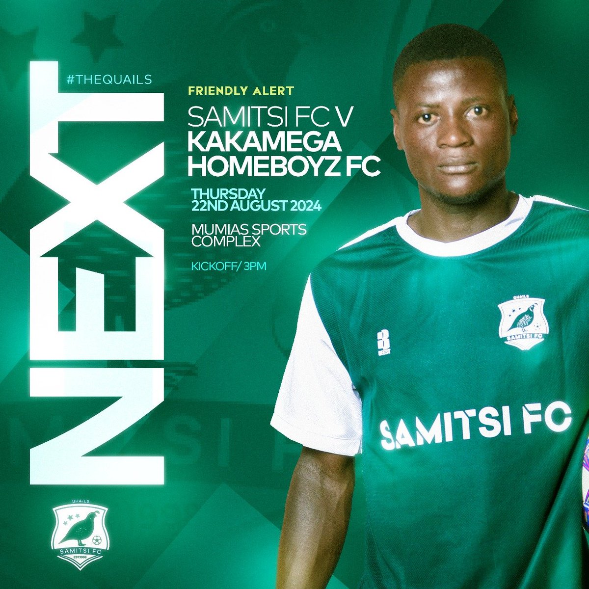 bramwelkaramoja's tweet photo. Friendly Alert
Kakamega Homeboyz vs Samitsi Football Club
Thur. 22nd August 2024
Mumias Sports Complex
Kickoff 3pm
#TheQuails https://t.co/NNM93ORwyG