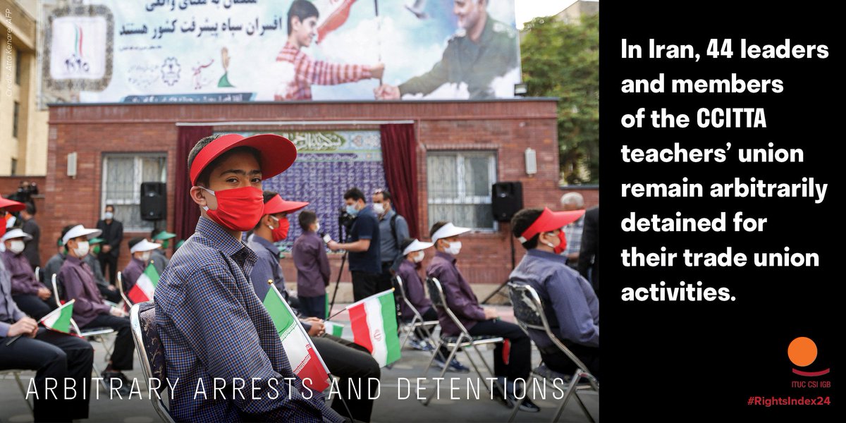 🚨 In 2024, workers in 74 countries faced heavy prison sentences for exercising their trade union freedoms. 🪖 #RightsIndex24 #WorkersRights #Iran <a href="/ArabTradeUnion/">ATUC</a>

👉globalrightsindex.org
