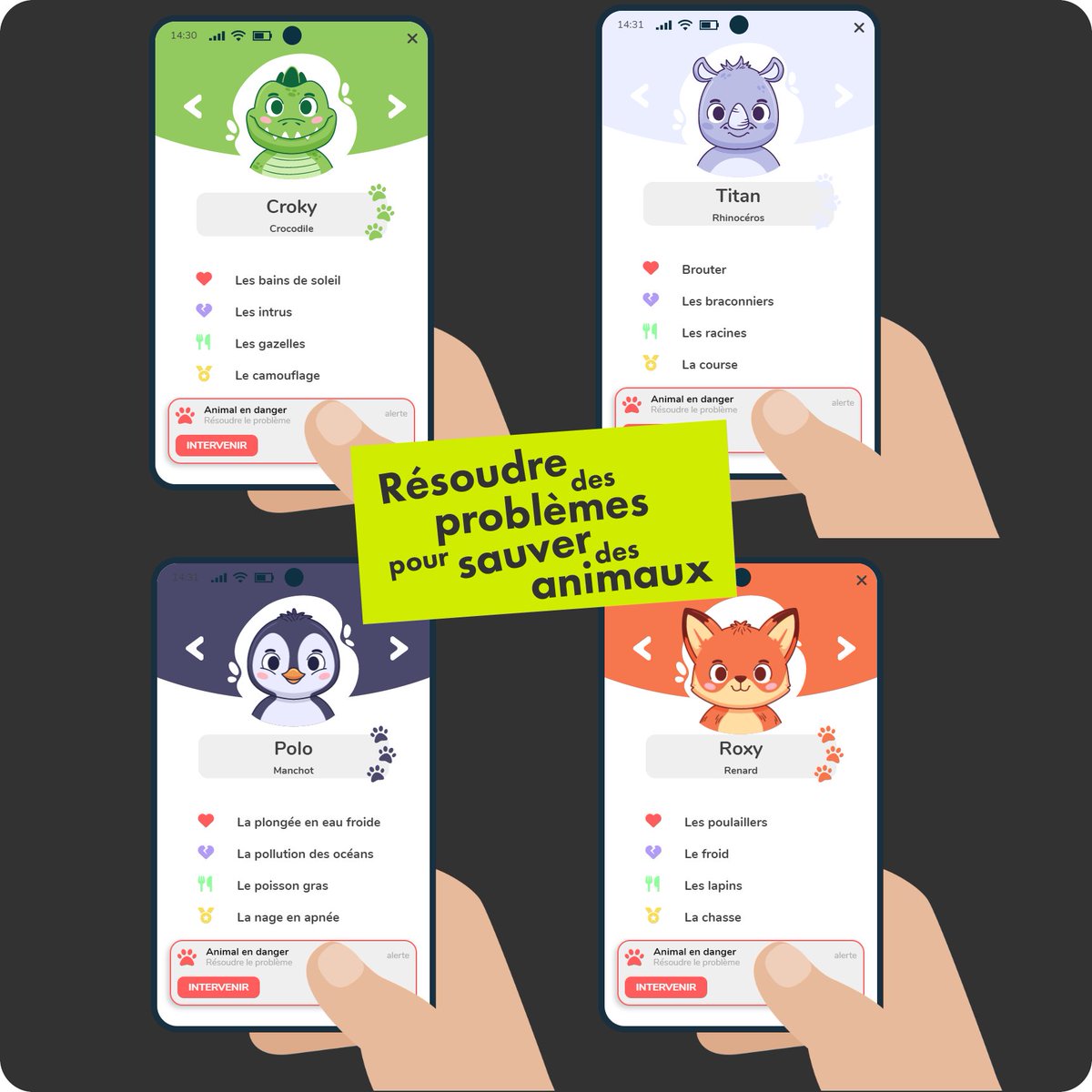 A chaque problème réussi, les élèves auront des indices sur l’animal qu’ils sont en train de sauver, jusqu’à l’obtenir après trois réussites. Ils collectionneront ainsi des dizaines d’animaux, ce qui leur donnera envie de progresser en résolution de problème.