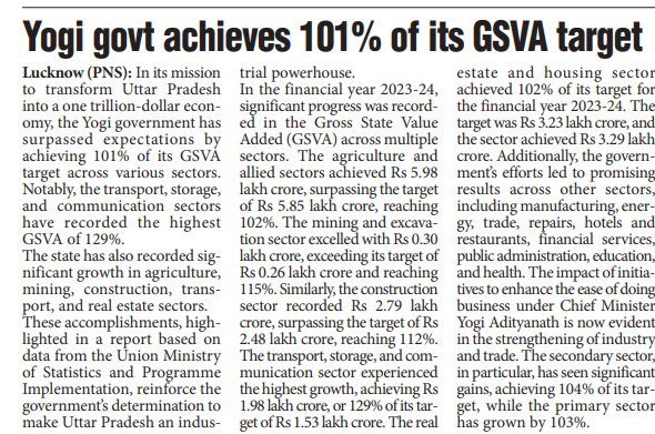 _InvestUP's tweet photo. #UttarPradesh #InNews
In its mission to transform #UttarPradesh into a $1 trillion #economy, the @UPGovt has surpassed expectations by achieving 101% of its #GSVA target across various sectors. Notably, the #transport, #storage, and #communication sectors have recorded the highest GSVA of 129%. The state has also recorded significant growth in #agriculture, #mining, #construction, #transport and #realestate sectors.
#InvestInUP