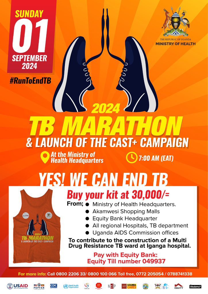 ahfugandacares's tweet photo. ๐๐ฟ๐ฒ ๐๐ผ๐ ready ?? Gear up ๐๐
The #TBMarathon is back.
A #Run2EndTB on 1st September 2024
Get your kit at only UGX 30K from any of these locations:
๐@AkamwesiMall
๐@MinofHealthUG HQ.
๐@UgEquityBank
๐@aidscommission
๐All regional referral hospitals.
#YesWeCanEndTBUg https://t.co/3XDZzh5OXX