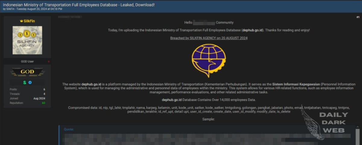DailyDarkWeb's tweet photo. #Indonesia 🇮🇩 - A Threat Actor Claims Breach of Indonesian Ministry of Transportation Database
https://t.co/ySN3qiD7L5
#DarkWeb #government #dephub #CyberSecurity https://t.co/FGJLECJ3Pl