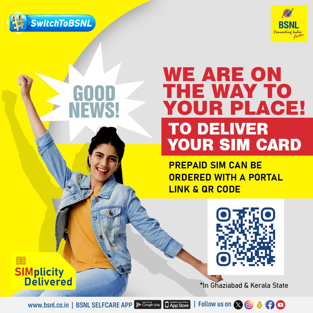BSNLCorporate's tweet image. Hassle-Free SIM Delivery! 
Get your #BSNL_SIM without stepping out.  
Order here: bit.ly/4bLu8HC
*Available in Ghaziabad &amp;amp; Kerala State. 
#BSNL #BSNLSIMplicityDelivered #SwitchToBSNL
