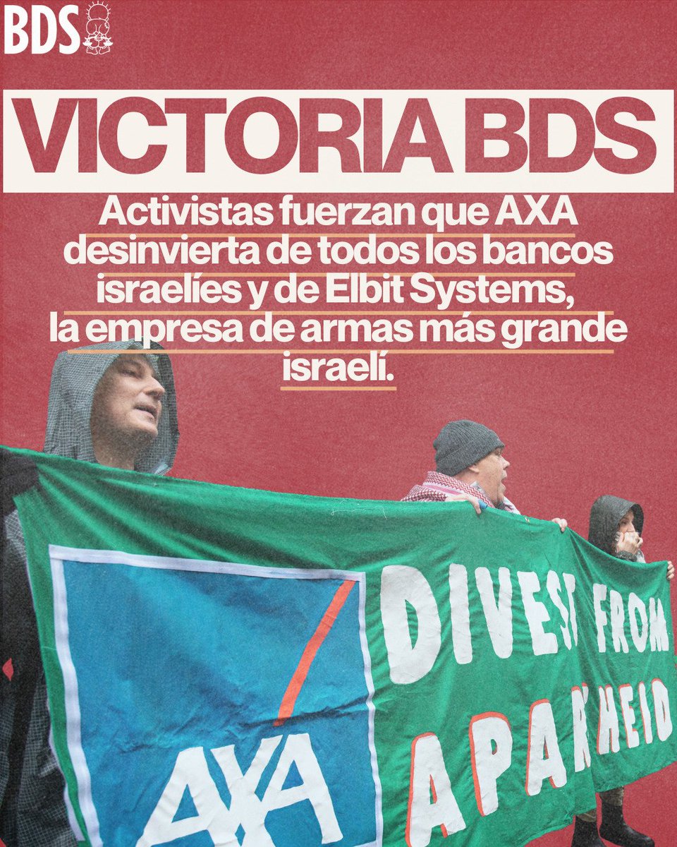 VICTORIA #BDS!

Activistas han obligado a la aseguradora multinacional francesa <a href="/AXA/">AXA</a> a desinvertir de <a href="/ElbitSystemsLtd/">Elbit Systems</a>, el mayor fabricante de armas 🇮🇱, y de TODOS los grandes bancos israelíes, que son el pilar de los asentamientos ilegales de Israel en tierra palestina ocupada.