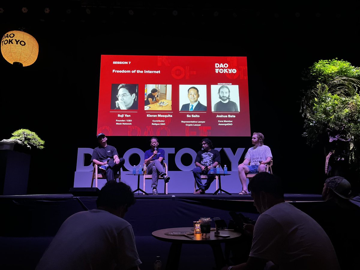 interesting conversation with <a href="/suji_yan/">Suji Yan - Mask is BUIDLing</a> <a href="/mesquka/">Kieran</a> <a href="/jb87ua/">Joshua</a> <a href="/So_Saito1102/">斎藤創(So Saito)</a> on internet freedoms. 

<a href="/realMaskNetwork/">Mask Network (mask.io)</a> 
<a href="/RAILGUN_Project/">RAILGUN - Private & Anonymous DeFi</a> 
<a href="/AssangeDAO/">AssangeDAO</a> 
<a href="/DAO_TOKYO_XYZ/">DAO TOKYO ⛩🇯🇵 | 21-22 AUG 2024</a>