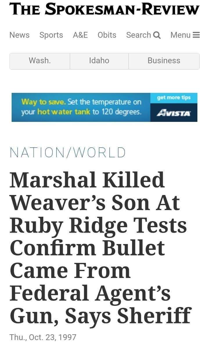 Free_Northwest's tweet photo. 🤬🤬🤬🤬

  - The bullet that killed Randy Weaver’s 14-year-old son came from a submachine gun fired by Deputy U.S. Marshal Larry Cooper, Sprungl said.

“It’s a bullet from Cooper’s gun, and it’s conclusive,” the sheriff said.

https://t.co/aseb8YpLvx https://t.co/cBQljy6cun
