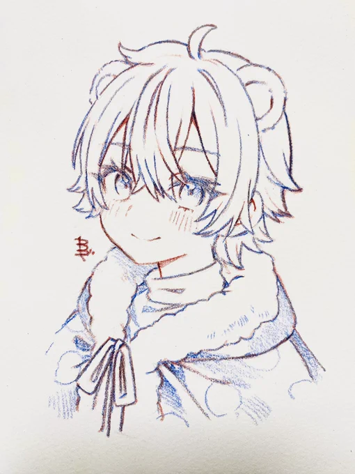赤青鉛筆で線画描くやつ試してみたくて犠牲になってもらった५⋆*思ってた仕上がりと違うけどかわいいのでヨシ! 
