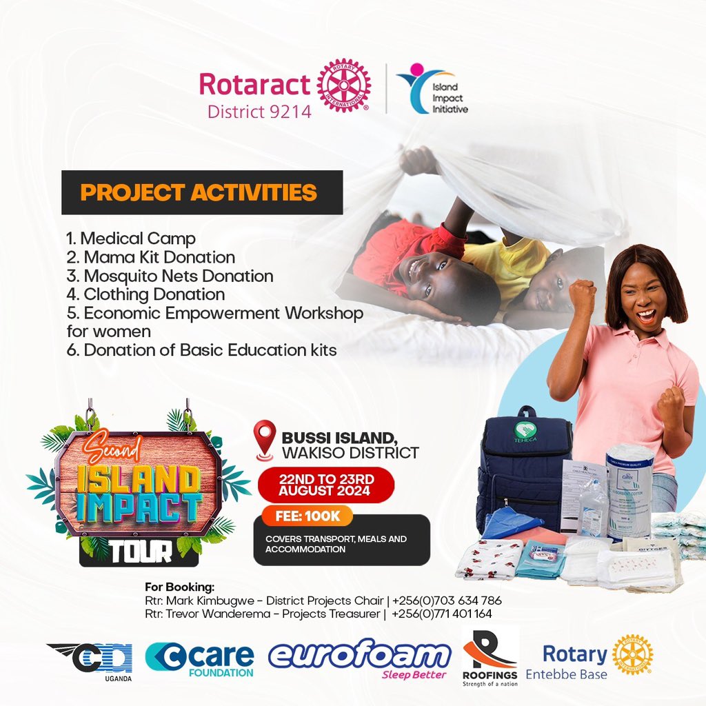 RotaractD9214's tweet image. 🌴 Second Island Impact Tour!🌴

📅  Dates: 22nd-23rd August 2024  
📍  Location: Bussi Island, Wakiso District  
💰 Fee: 100,000 UGX

Join us as we impact, transform and create magic at the BUSSI Islands
#ItsTimeToJoinRotaract 
#IslandImpactInitiative 
#rotaract9214