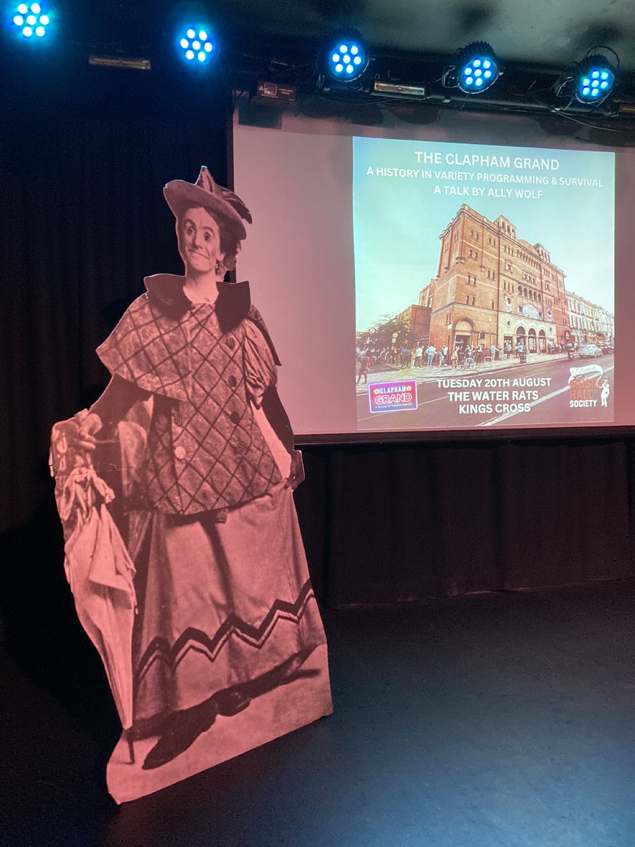 musichallsoc's tweet photo. What a fantastic evening with @allywolf last night hearing all about the fascinating history of the Clapham Grand. Even Dan Leno came along! There were word searches &amp; drawing competitions, tales of bingo, cinema, strippers, Hollywood, variety old &amp; new. The audience were rapt! https://t.co/jOHHjYpeaO