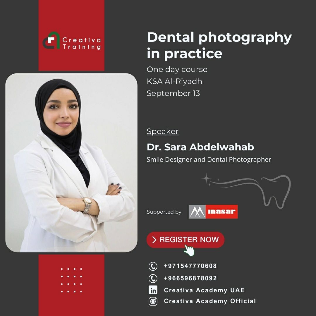 Dental Photography 

one day course - Lecture &amp; workshop

For information &amp; registration:

📲 +971547770608

📲 +966596878092

hashtag#dentaltraining hashtag#dentalphotography hashtag#creativaacademy