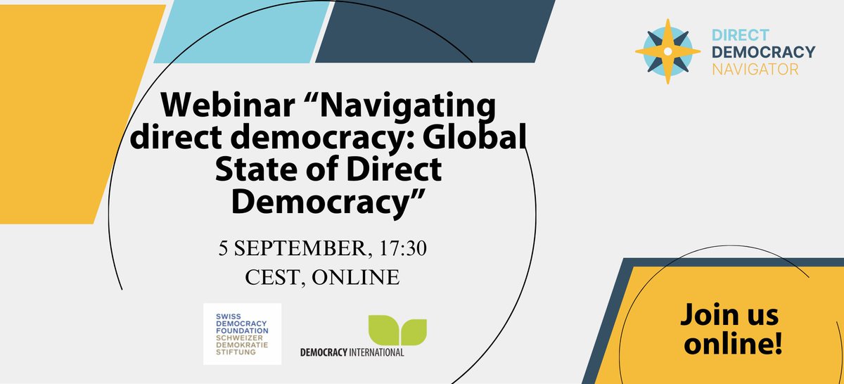 🌍 Join us on 5 Sept at 17:30 CEST for a webinar on the Global State of Direct Democracy Report!
Learn about key findings, trends, and the future of direct democracy.

More Infos: bit.ly/DirectDemocrac…

<a href="/democracy_intl/">Democracy International</a>
#DirectDemocracy #DemocracyReport #webinar