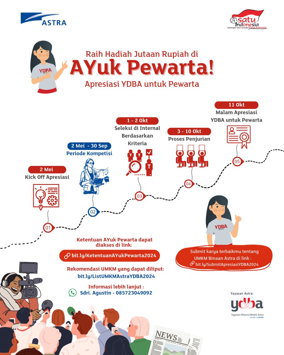 YDBA_Astra's tweet photo. Halo, Sahabat Hebat!
Setelah mengikuti Kick Off Apresiasi pada 2 Mei 2024, berikut timeline AYuk Pewarta. Sahabat Hebat masih bisa mengikuti kompetisi sampai 30 September 2024!

Kita tunggu karyamu yaaaaa!
#UMKMSiapBeraksi #SiapBeraksiUntukNegeri #UMKMHebat https://t.co/QpwqHO0qMH