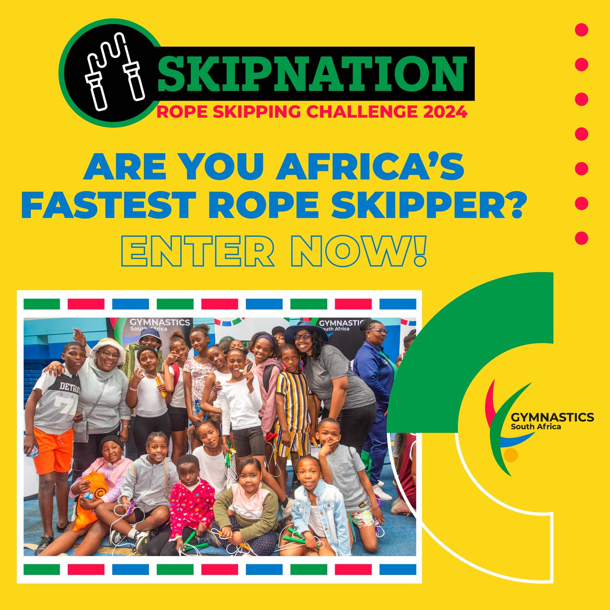 SAGymnastics's tweet photo. Reminder to get your entries in for the annual #Skipnation Rope Skipping Challenge. Show us your rope skipping skills and speed! The challenge is open to schools, clubs and the public.

Here's all you need to know https://t.co/jRGlBWsa2J

#IncredibleGymnastics #GymnasticsSA https://t.co/EfqOF9xERt