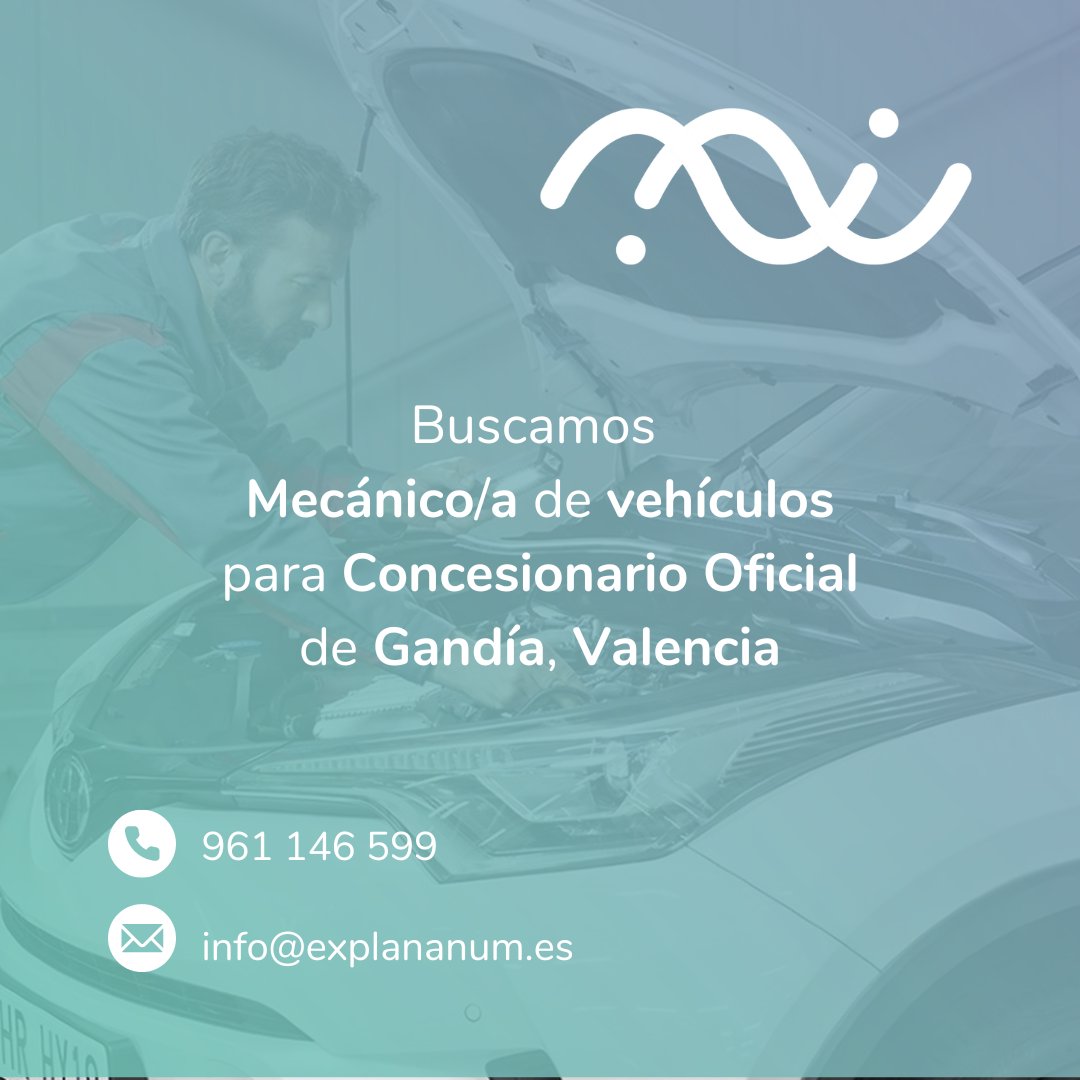ExplanandumRRHH's tweet photo. Buscamos mecánico/a de vehículos para Concesionario Oficial situado en Gandía, Valencia.

#Explanandum #Hiring #Empleo #Trabajo #RRHH #Automoción #Motor #Mecánica #Mantenimiento #Reparación #Valencia #LaSafor #Gandia #Verano2024 #Agosto2024 #21Agosto #ALERTA #FelizMiércoles https://t.co/vLxEh7zHj7