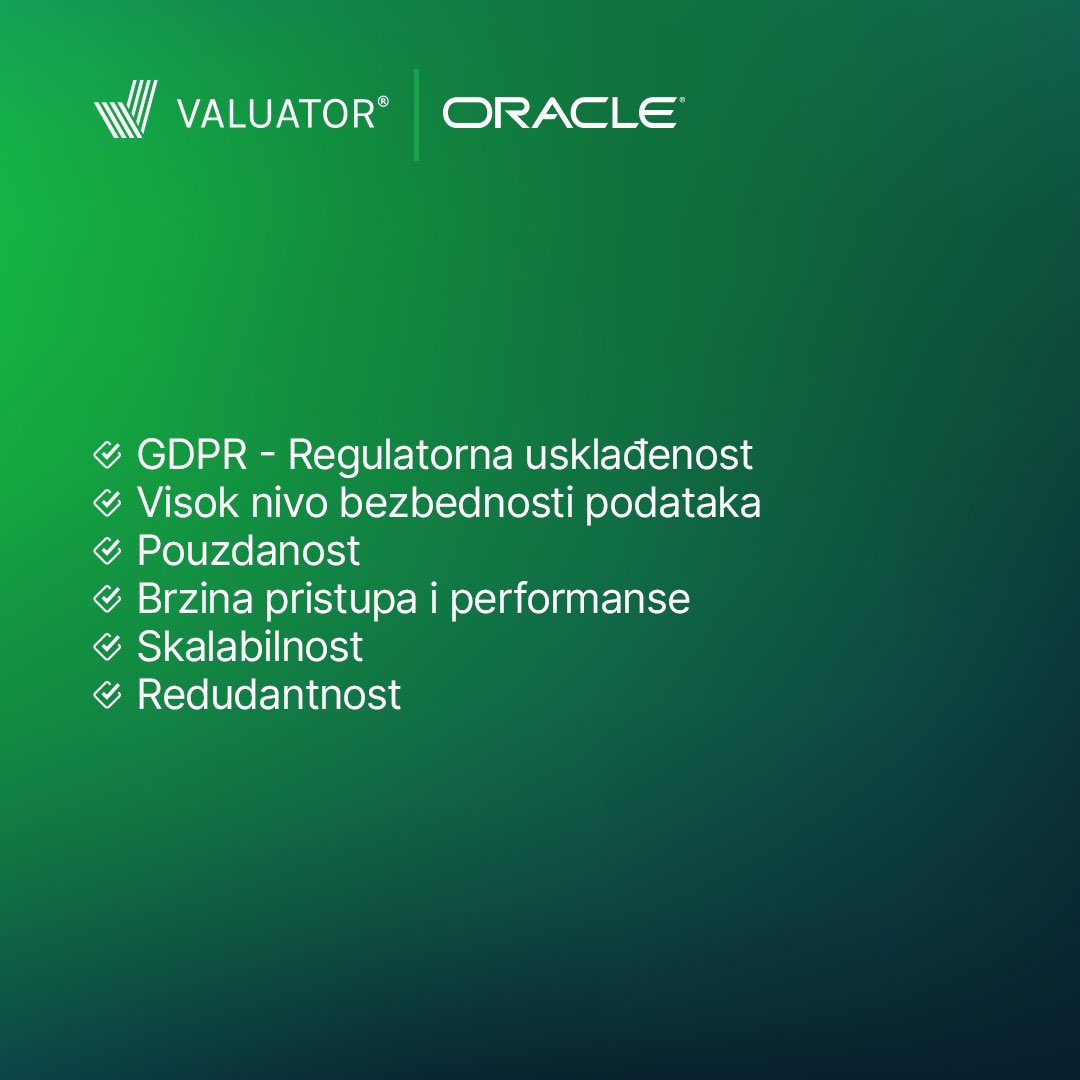 valuatorprocure's tweet photo. Još lepih vesti iz Valuatora! 🎉

Nedavno smo udružili snage sa kompanijom Oracle! 🤝

Ovo partnerstvo donosi nekoliko ključnih benefita za korisnike Valuator platforme, pružajući im sigurnu, pouzdanu i efikasnu platformu za upravljanje procesima nabavke. 💯 https://t.co/AIfYSpjKmm
