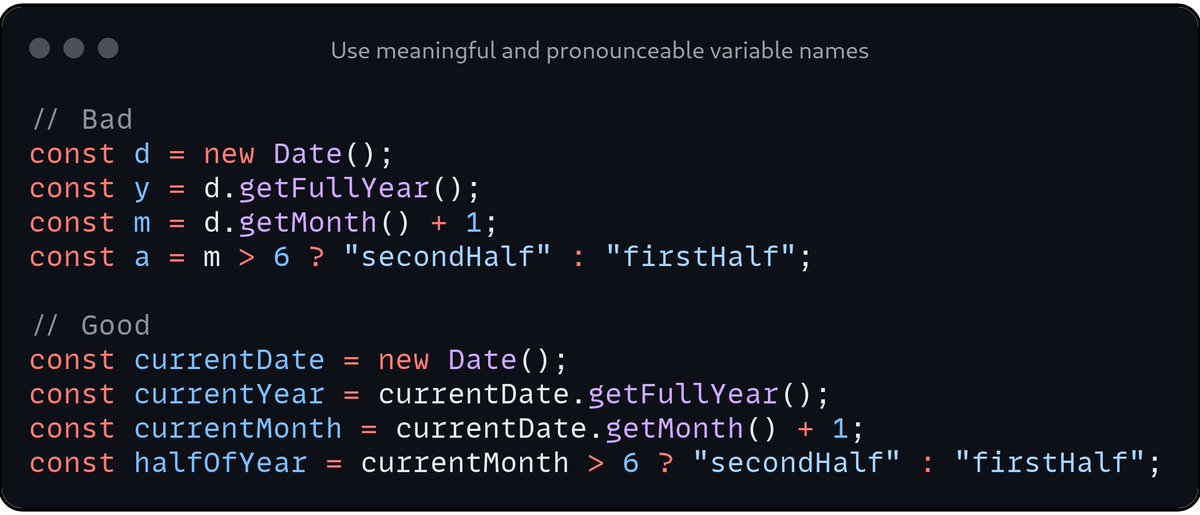 56_kode's tweet photo. Use meaningful and pronounceable variable names #ts #BestPractice https://t.co/WkEDEBmxN5
