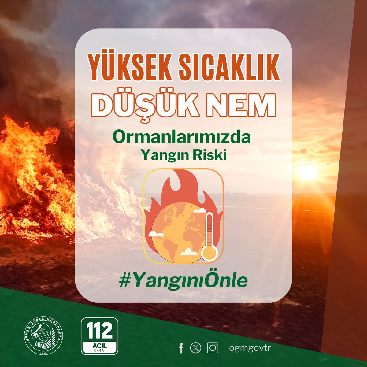 Zor bir haftayı geride bıraktık. Ancak meteorolojik veriler, orman yangınları riskinin hala devam ettiğini gösteriyor.

Lütfen uyarıları dikkate alalım ve #YeşilVatan'ı tehlikeye atacak davranışlardan uzak duralım.

#OrmanınKahramanları
#OrmanBenim
#OrmanıKoru
#YangınıÖnle