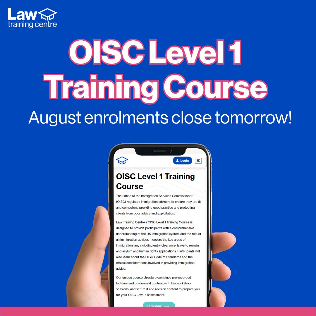 LawTrainingKent's tweet image. 🚨 LAST CHANCE to enrol on our #OISC August course! 🚨

Are you working in immigration law? Our OISC Level 1 Training Course is open to enrolments and is the perfect first step ↗️

Enrol today over on the Law Training Centre website.
