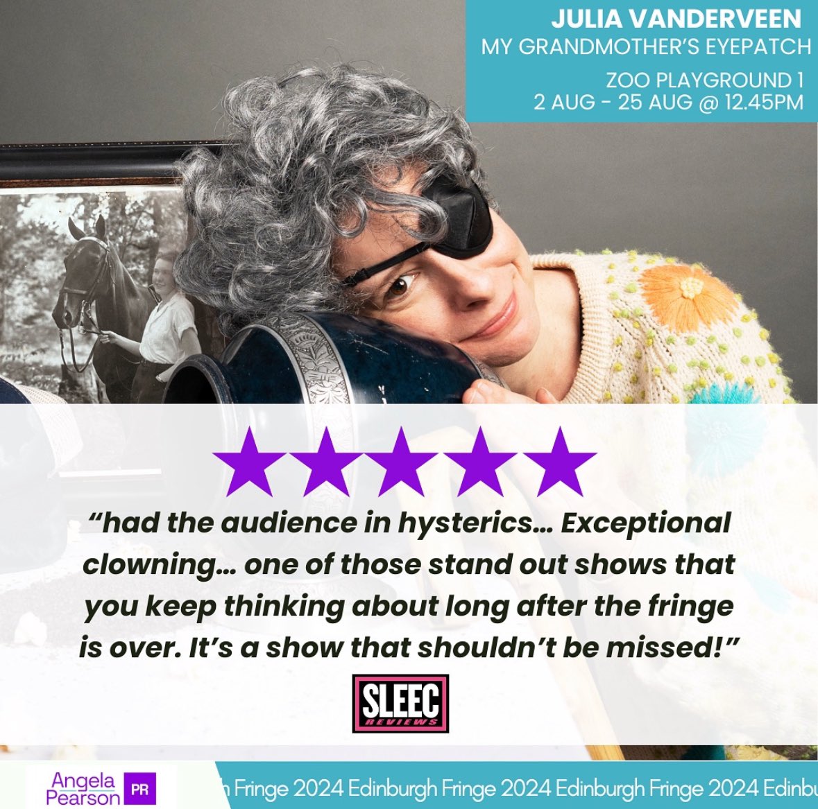 Angela Pearson (@pearson_ange) on Twitter photo “Exceptional clowning…” 🌟🌟🌟🌟🌟 for <a href="/julesvandie/">Julia VanderVeen</a>’s My Grandmother’s Eyepatch from SLEEC reviews
Full review: tinyurl.com/bdzewacp
See Julia VanderVeen <a href="/ZOOvenues/">ZOO</a> Playground 1 @ 12.45pm until Aug 25th
Tix: <a href="/edfringe/">Edinburgh Festival Fringe</a>
#UnleashYourFringe #EdFringe #Edinburgh #edfringe2024 “Exceptional clowning…” 🌟🌟🌟🌟🌟 for <a href="/julesvandie/">Julia VanderVeen</a>’s My Grandmother’s Eyepatch from SLEEC reviews
Full review: tinyurl.com/bdzewacp
See Julia VanderVeen <a href="/ZOOvenues/">ZOO</a> Playground 1 @ 12.45pm until Aug 25th
Tix: <a href="/edfringe/">Edinburgh Festival Fringe</a>
#UnleashYourFringe #EdFringe #Edinburgh #edfringe2024