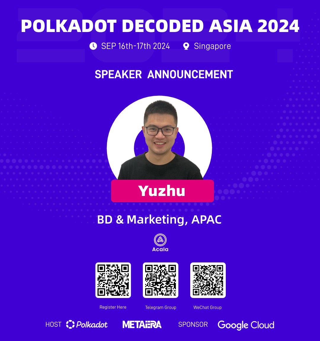 MetaEraHK's tweet photo. 👋Meet Yuzhu at the Polkadot Decoded Asia 2024!

Connect directly with @Lyuzhu9 at the largest Polkadot Asia ecosystem event in Singapore on September 16-17.

🎫 Secure your general pass for free through the MetaEra channel.
🔗: https://t.co/QHLc5bzx8g