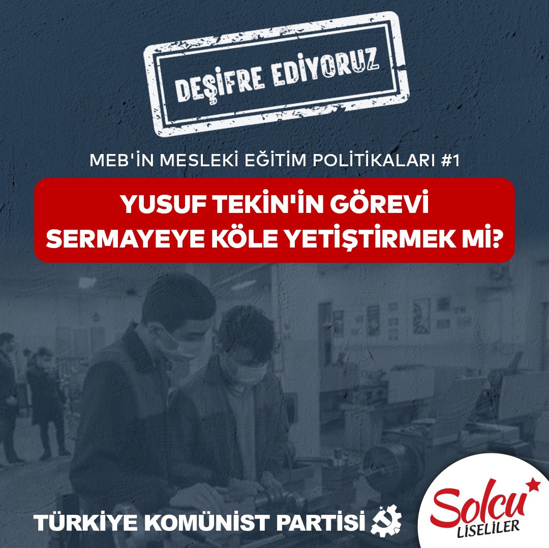tkglise's tweet photo. 📢Milli Eğitim Bakanlığının (MEB) sermayenin ucuz ara eleman ihtiyacını karşılamak için tasarladığı MESEM'lere kayıtlı öğrenci sayısı, 2023 yılında %40’lık bir artışla 1.405.663’e ulaşmıştı. 

Sermaye bu ucuz iş gücü deposunu çok sevmiş olsa gerek ki MEB'in önümüzdeki dönemdeki ana politikalarından biri "mesleki eğitimi özendirmek” olarak belirlenmiş!

Politika belgesinde mesleki ve teknik eğitimin medyada yeterince yer bulmadığını ve ailelerin "mesleki eğitime dair ilgi ve farkındalıklarının yeterince gelişkin olmadığını" ifade eden MEB'in planında yer alan "mesleki eğitimi özendirme" faaliyetlerini sıralıyoruz:

➡️ 7. ve 8. sınıfları için pilot illerde hayata geçirilen "zanaat atölyeleri" yaygınlaşacak. Modüler mesleki eğitim modelinin uygulandığı ve yaz aylarında düzenlenen bu atölyelerle mesleki eğitim 12 yaşa kadar inecek. Çocukların en kritik gelişme dönemleri sermayenin ihtiyaçları doğrultusunda istismar edilecek!

➡️ İlkokuldaki çocuklardan başlayarak "farkındalık yaratmak" adı altında mesleki eğitim kurumlarına yönlendirici faaliyetler düzenlenecek. Bu konuda İŞKUR ile iş birliği yapacak olan MEB bir yandan dinselleşmeye boğduğu çocuklara diğer yandan kariyer pazarlayacak!

➡️ “Meslek erbabı kişiler” ile röportajlar, animasyon ve kamu spotları ile başta RTÜK ve TRT olmak üzere çeşitli medya kuruluşlarınca piyasacı eğitim politikalarının reklamı yapılacak. Kamunun kaynakları liselileri ölüm sürükleyen MESEM'leri “cazibe merkezi” haline getirmek için harcanacak!

➡️ 11.sınıftan itibaren liselilerin sermaye temsilcileriyle buluşacağı "kariyer fuarları" düzenlenecek. MEB eliyle düzenlenecek bu kariyer fuarları mesleki eğitim kurumlarını adeta modern köle pazarlarına dönüşmesi demek!

Politika belgesi, daha giriş sayfalarında Türkiye'nin 22 milyonu aşan 0-17 yaş nüfusuna dikkat çekiyor ve bu durumun "çocuk nüfus oranı ve çalışma çağındaki nüfus" açısından önemli fırsatlar yarattığını yazıyor! Peki MEB bu "fırsatları" kimin için pazarlıyor? Halkı yoksulluğa sürüklerken kârları durmaksızın yükselen holdinglere... Koç'a, Sabancı'ya, Zorlu'ya, TÜSİAD'a...

Büyüyen sermaye sınıfı, durmaksızın yükselen kâr oranlarının kesintiye uğramaması için daha fazla ucuz iş gücüne ihtiyaç duyuyor. Türkiye'yi holdinglerin sömürgesi olarak gören Yusuf Tekin'in yönettiği MEB de işte bu nedenle çocuk nüfusa baktığında büyük bir "fırsat" görüyor! 

MEB piyasacı politikalarıyla milyonlarca çocuğu sermayenin avuçlarına teslim etmek için hazırlanıyor. Eğitim sistemimiz bu amaçla baştan sona yeniden düzenleniyor.

Evet, ülkemiz "fırsatlarla" dolu. Bizleri köle olarak gören holdingleri def edip hiçbir arkadaşımızın küçük azınlığın kârına feda edilemeyeceği bir Türkiye'yi kurmanın fırsatlarıyla... Memleketin tüm zenginliğini yaratan emekçileri ve geleceğini kendi ellerine alacak çocuklarıyla...