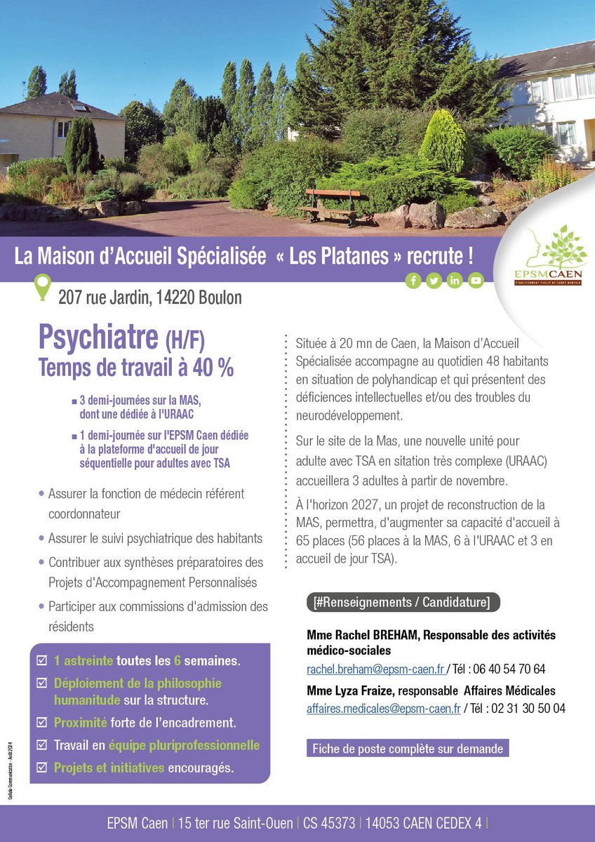Epsmcaen's tweet image. Vous êtes #Médecin #psychiatre et travailler dans la philosophie de l’#humanitude auprès d’adultes en situation de polyhandicap et/ou #TSA vous intéresse ?

Rejoignez la MAS de Boulon 

#recrute #calvados #caen #normandie #emploi #médico-social
