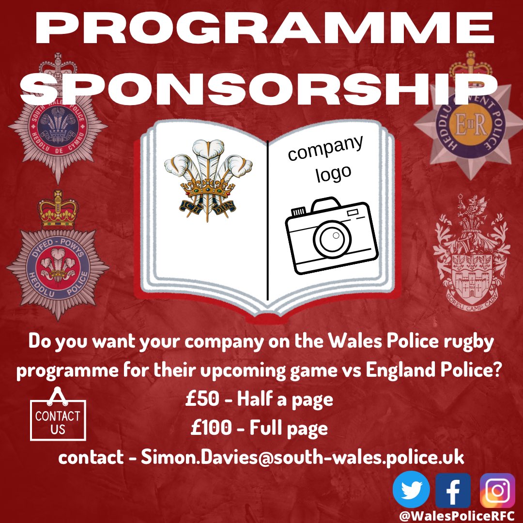 WalesPoliceRFC's tweet photo. Would you like to add your company logo to our match day programme against England Police? 

Wales Police Vs England Police 
October 9th 📅 
6pm KO 🕰️ 
@ Sardis Road, Pontypridd 📍 

#policerugby #Defendingchampions #4nationspolicechampionship https://t.co/l38oiM5t0U