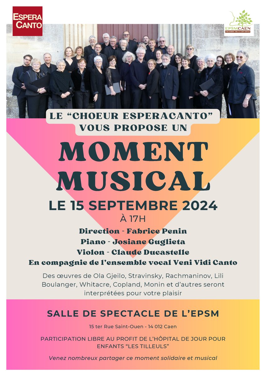 Epsmcaen's tweet image. 🎶Le chœur #Esperacanto donnera un concert exceptionnel et #solidaire, dimanche 15 septembre à 17h, en salle des spectacles, sous la direction de Fabrice Penin.   
Il sera au profit de l’hôpital de jour pour enfants qui vient de s’installer, temporairement, au sein de l’EPSM