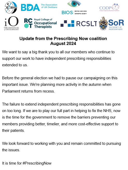 College Of Operating Department Practitioners (@collegeodp) on Twitter photo 🚨 Update from the #PrescribingNow coalition.
📢We remain committed to seeking Independent Prescribing responsibilities to better support our patients and to play our part in helping to fix the NHS.
🗣️We will be pursuing the issue with <a href="/DHSCgovuk/">Department of Health and Social Care</a> in the Autumn. 🚨 Update from the #PrescribingNow coalition.
📢We remain committed to seeking Independent Prescribing responsibilities to better support our patients and to play our part in helping to fix the NHS.
🗣️We will be pursuing the issue with <a href="/DHSCgovuk/">Department of Health and Social Care</a> in the Autumn.
